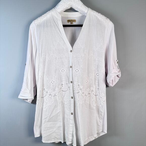 Democracy Tops - Democracy Women's XL White Embroidered Button Sleeve Cotton Blouse